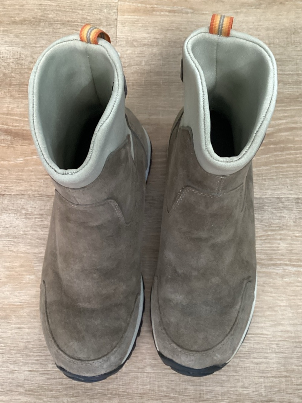 Merrell Taupe Suede Slip-On Ankle Boots with Orange Pull Tabs Size 7